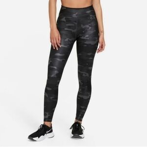 Nike Dri-Fit One Black Camo Print High Rise Shine Swoosh Logo Tight Leggings